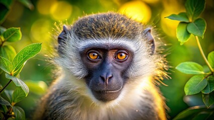Obraz premium Vervet Monkey Portrait: High-Detail Close-up in Lush Green Habitat
