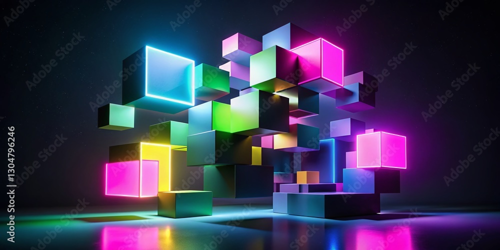 Poster vibrant abstract 3d cubes floating in dark space - minimalist digital art