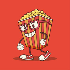 A cartoon mascot popcorn container wearing glasses and walking, displaying a happy, cheerful expression.