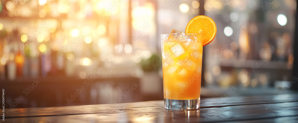Poster close-up of a refreshing orange juice cocktail with ice cubes in a glass garnished with a slice of o