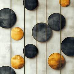 Abstract circles on textured wall, gold & black