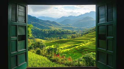 Mountainous rice paddies viewed through an open window. Peaceful rural landscape © afif