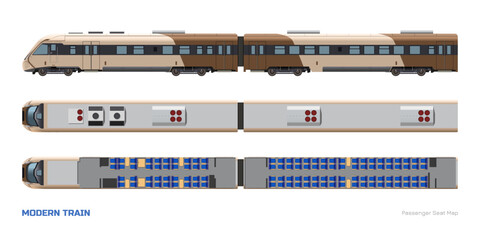 Modern train passenger seat map. Top and side view of 3d locomotive model. Rail transport interior scheme. Brown express isolated drawing
