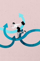 Poster photo vertical collage of happy purposeful businesswoman run arrow success statistics career...