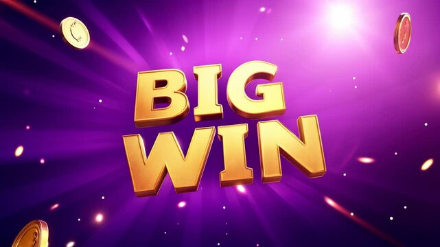 Celebrate your luck with a golden big win surrounded by shining coins and bright spotlights on a vibrant purple background