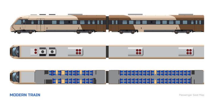 Modern train passenger seat map. Top and side view of 3d locomotive model. Rail transport interior scheme. Brown express isolated drawing