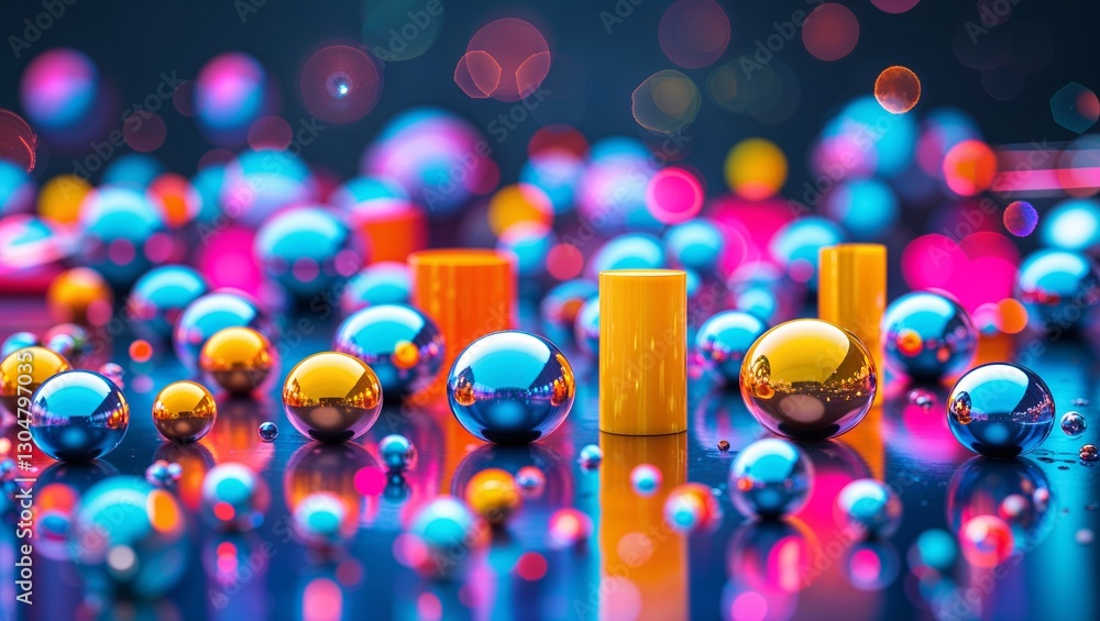 Poster playful arrangement of colorful spheres and cylinders in vibrant hues creating a lively abstract com