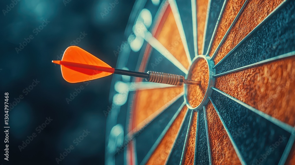 Poster vibrant dart sticking in the center of a dartboard with blurred background, symbolizing precision an
