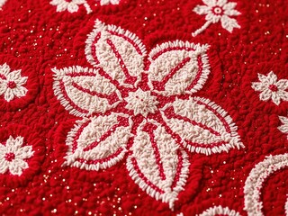 Gleaming Red Glitter Rug with Floral Pattern Detail