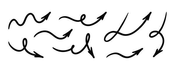 Squiggly arrow doodle set. Hand drawn vector line fun playful bounce icons, black jump thick motion design elements. Movement symbol