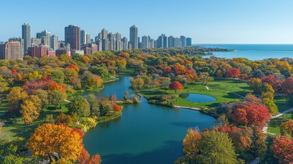 Fototapeta premium Autumn park, city skyline, lake, aerial view, scenic fall foliage, Chicago, USA
