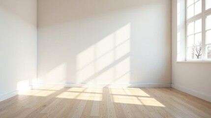 Empty room with sunlight streaming through a window, showcasing light hardwood floors and pristine white walls, perfect for interior design inspiration