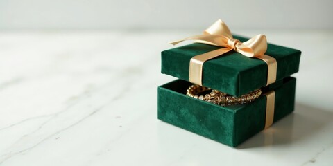 An emerald green velvet gift box adorned with a delicate gold ribbon, elegantly presenting a pair of sparkling jeweled bracelets inside.