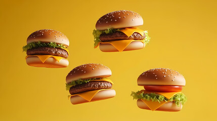Floating Burgers on Yellow Background