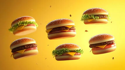 Flying Burgers on Yellow Background