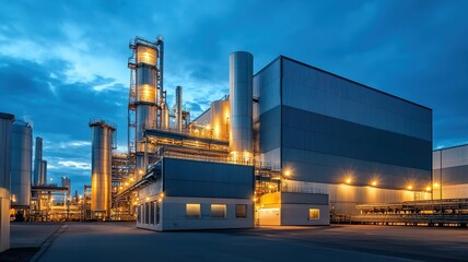 Industrial power plant at dusk with illuminated structures and dramatic sky. Conveyor Belt on a Modern Factory
