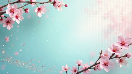 Fototapeta premium Delicate Pink Blossoms and Musical Notes on a Soft Blue Background A Serene Springtime Image