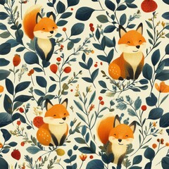 Whimsical Fox Patterns in Colorful Floral Background Design