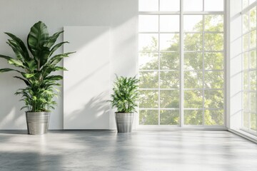 Sleek modern office interior with a large white wall mockup, concrete floor, and plants in metal pots, with a cityscape view through the windows.