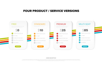 Template with four subscription product options - free, standard, proffesional, multi seat team with features lists