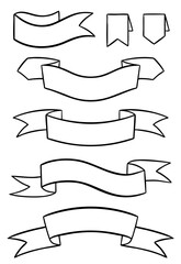 Banner ribbons outline vector set. Advertising element, label collection line drawing, silhouette