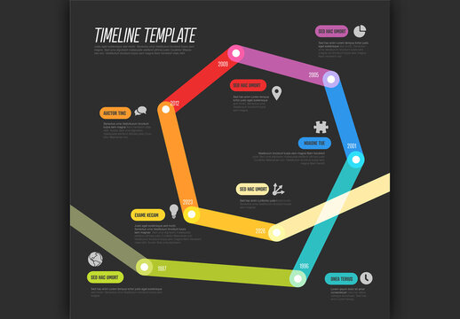 Colorful Hexagonal Timeline Template made from thick line with vibrant segments milestones and annotations on black background
