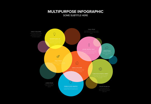 Colorful Circles Dark Infographic Design Template made from colorful circles and icons