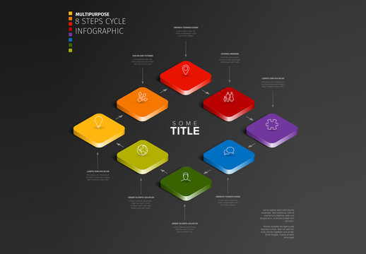 Colorful Dark 8-Step Cycle Progress Process Infographic made from colorful blocks and icons