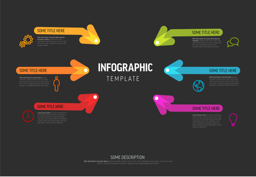 Colorful Infographic Template with six items and big thick highlighted arrows in different colors on dark background