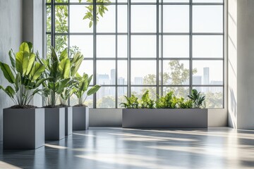 Sleek modern office interior with a large white wall mockup, concrete floor, and plants in metal pots, with a cityscape view through the windows.