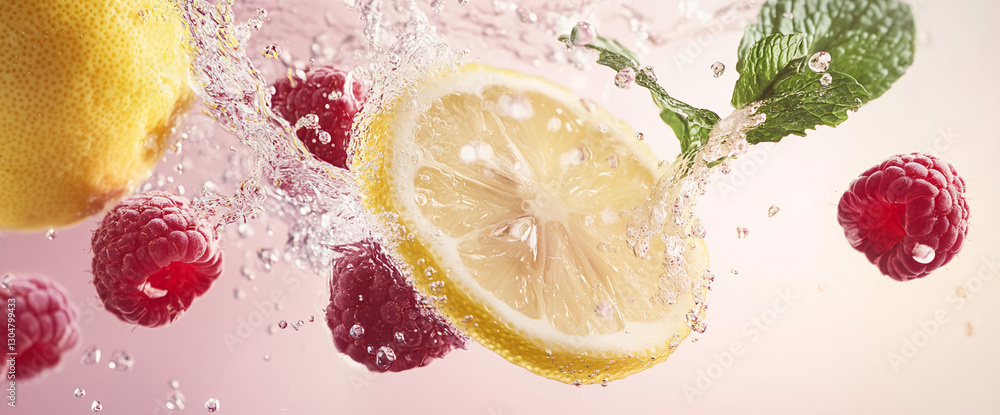 Poster fresh lemon slice splashing into water with raspberries and mint leaves, creating dynamic fruit spla