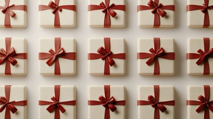 Gift boxes arranged in grid pattern on white surface.  Possible use Holiday card, marketing material