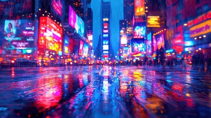 Obraz premium Rainy night Times Square, city lights reflected in puddles, vibrant street scene, use for travel or city life background