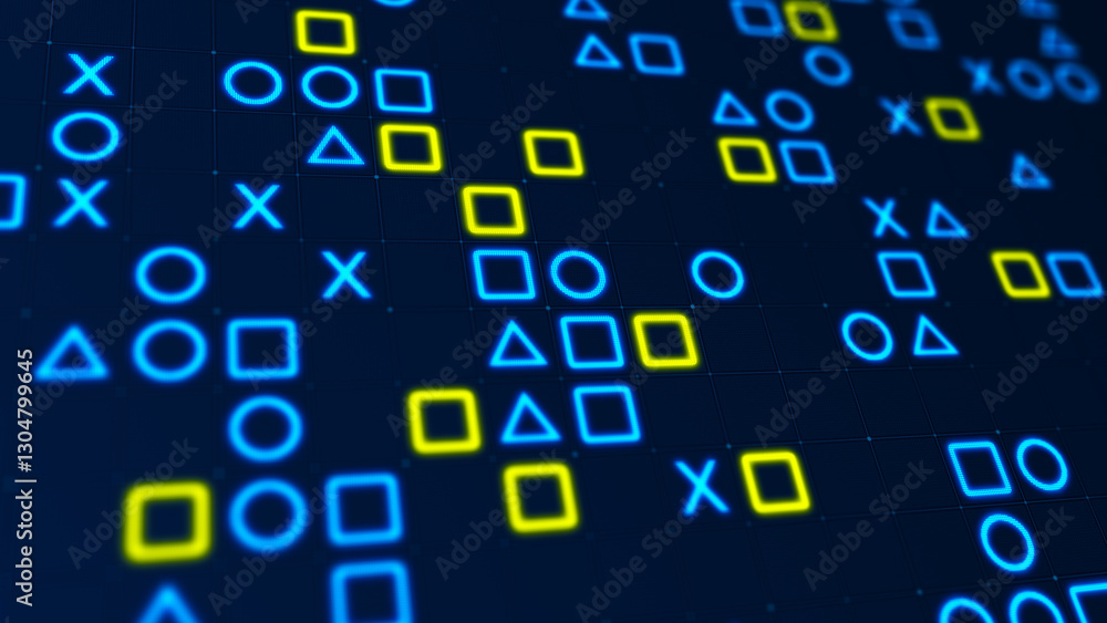 Poster blue and yellow glowing shapes matrix on a grid. bokeh effect, horizontal composition. technology ba