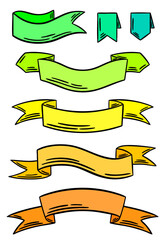 Colourful banner ribbons vector set. Advertising design, label collection, graphic badge, sale flag