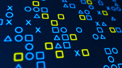 Obraz premium Blue and yellow glowing shapes matrix on a grid. Bokeh effect, horizontal composition. Technology background for graphic design.