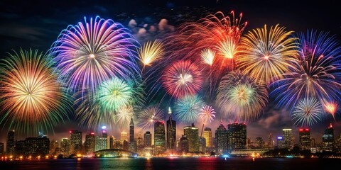 Vibrant Fireworks Display Over Cityscape at Night