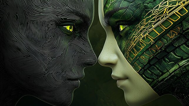 Alien Faces Confrontation - Close Up - Powered by Adobe