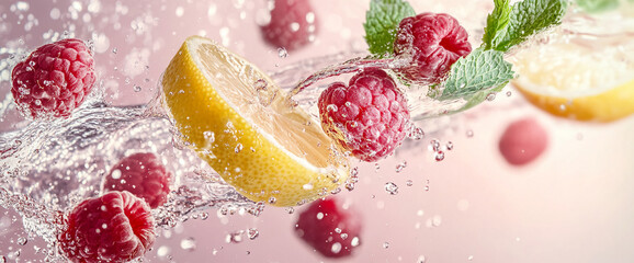 Fresh raspberries, lemon slices, and mint leaves splashing in water, creating a refreshing fruity and vibrant liquid splash, perfect for summer drink concepts.