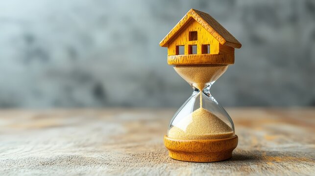 A wooden house is placed on top of an hourglass