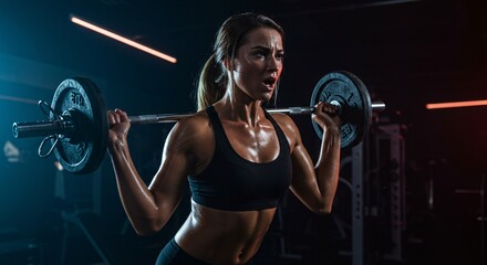 A focused, sweaty woman performs a barbell squat in a dark gym.