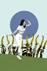 Vertical sketch 3d collage poster of excited girl lookout wildflower bush plant spring park walk...