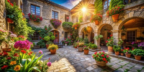 Vibrant Flower Garden Architectural Photography: Blooming Beauty in a Stone Courtyard