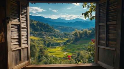Mountain view through open wooden shutters