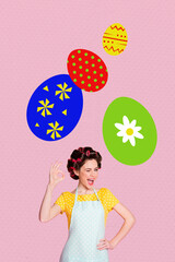 Template sketch image composite artwork collage of housewife young lady smile ok gesture traditional eggs festive feast seasonal spring
