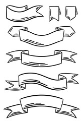 Banner ribbons engraving vector set. Advertising element, label collection line drawing, silhouette