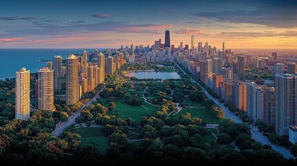 Chicago Skyline Sunset Park Aerial View.  Possible Use Stock photo for travel, tourism, real estate, cityscapes