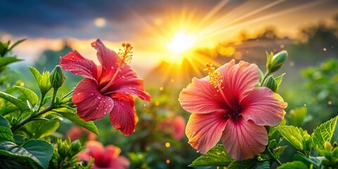 Fototapeta premium Vibrant Hibiscus Blossoms in a Tropical Landscape at Sunrise
