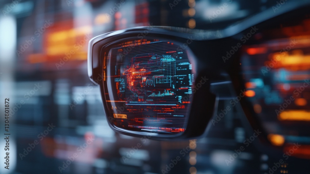 Poster futuristic smart glasses displaying data streams