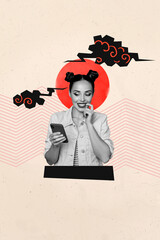 Vertical art trend collage of happy cunning girl hold phone message japan cloud element...